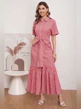 Utcoco Red Striped Tie-Waist Maxi Dress